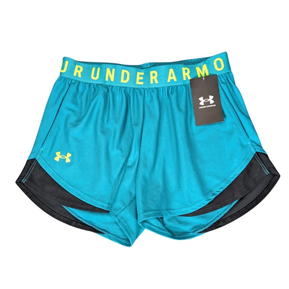Under Armour Play Up 3.0 Women XS Teal Blue Black HeatGear Athletic Shorts NEW